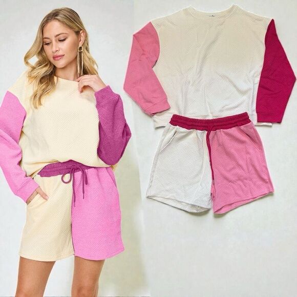 Double Take Tops - Pink Contrast Color Block Long Sleeve Top & Shorts Lounge Set NWT